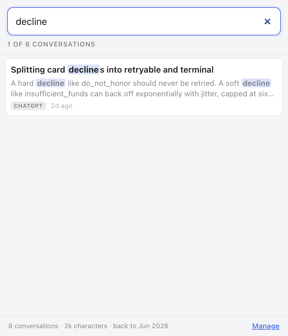 The popup searching for the word decline: one of eight conversations matches, showing the matched sentence and a ChatGPT badge.