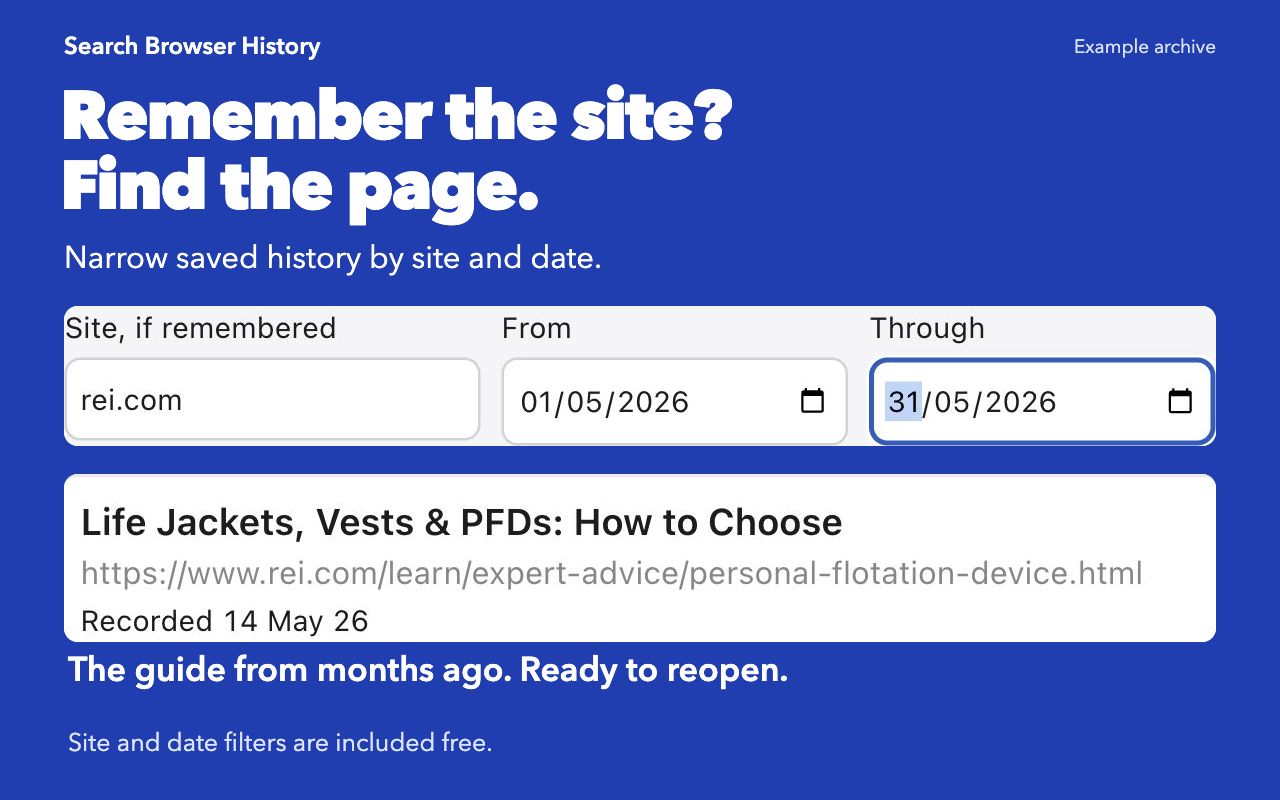 The same saved REI guide narrowed with the rei.com site control and May date controls.