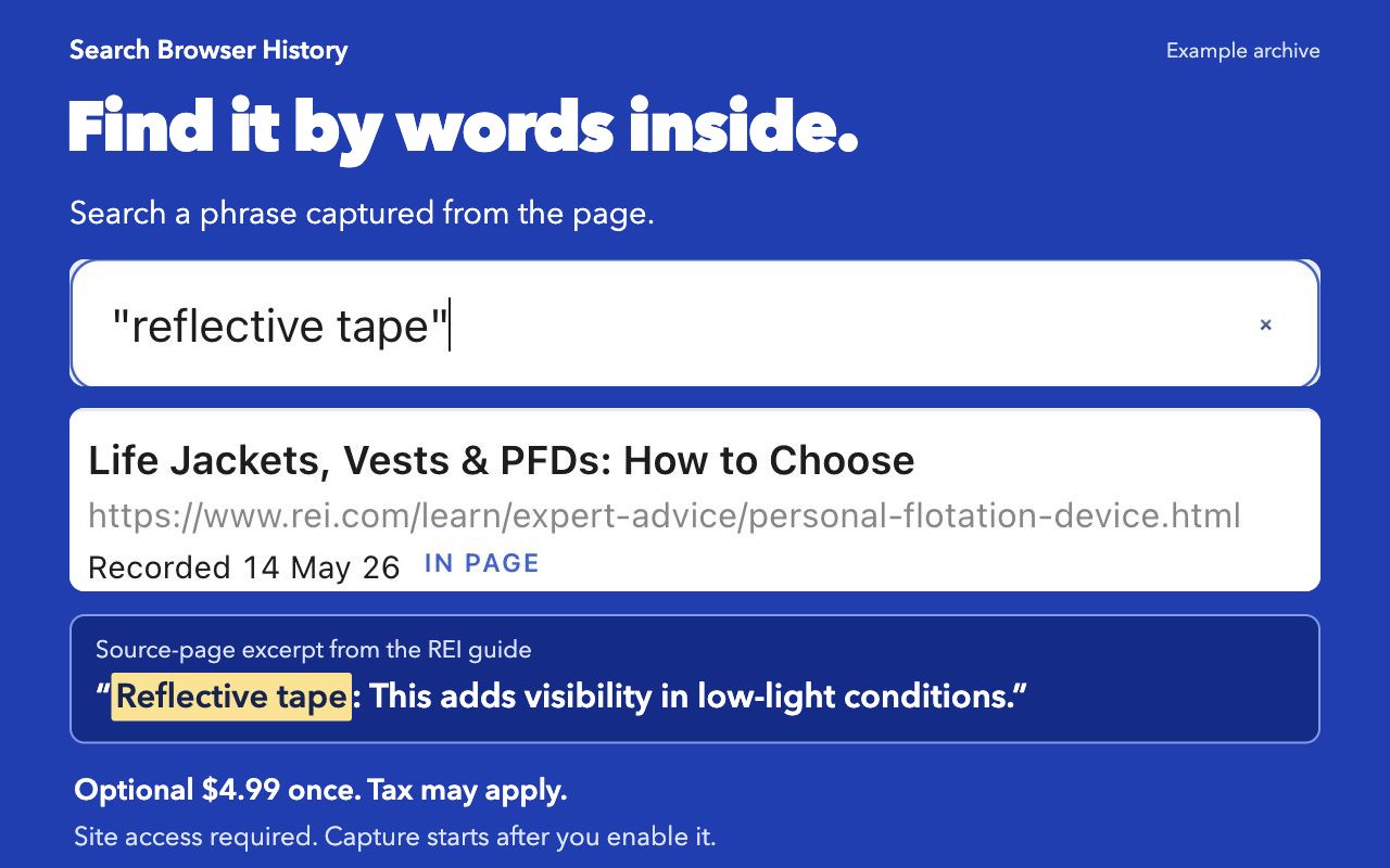 Optional captured-text search finds the same REI guide with reflective tape, words absent from its title and address. A separately labelled source excerpt shows the phrase.